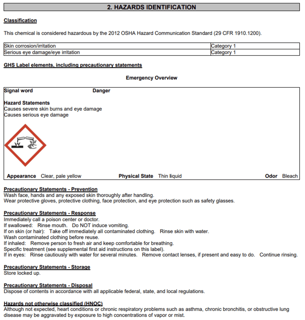 Printable Msds Data Sheets Bleach